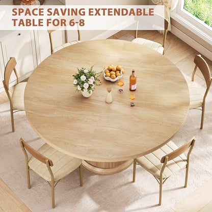 47″–63″ Extendable Round Dining Table for 4–8 with Dust-Proof 2-Tier Storage Shelf Space-Saving Expandable Dining Room Table Wood Oval Circle Dining Table with Pedestal Base (Natural)