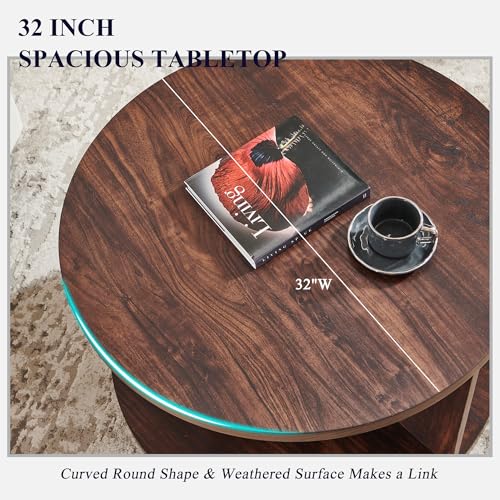 Round Coffee Table for Living Room, 32" Modern Center Table with Cross Support Structure & Open Storage Cubby, Wood Circle Cocktail Table for Small Space, Apartment, Dark Walnut