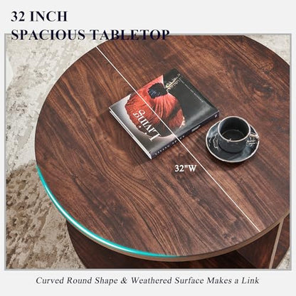 Round Coffee Table for Living Room, 32" Modern Center Table with Cross Support Structure & Open Storage Cubby, Wood Circle Cocktail Table for Small Space, Apartment, Dark Walnut
