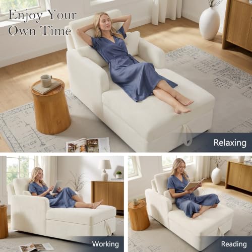 58" Oversized Chaise Lounge Chair with Storage, Chenille Beige, view 7