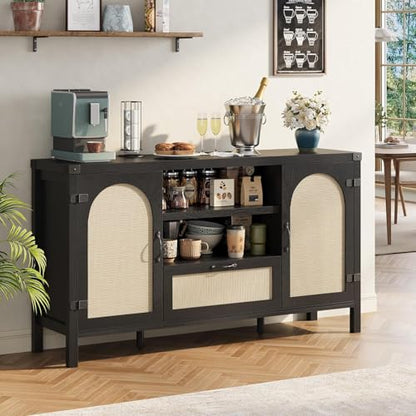 Sideboard Buffet Cabinet with Storage, 59.1" Large Rattan Storage Cabinet with Drawers, Farmhouse Coffee Bar Cabinet for Living Room, Kitchen, Entryway, Black