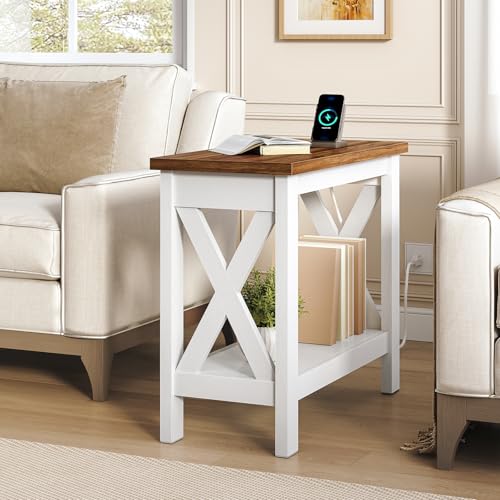 End Table with Charging Station, Farmhouse Narrow Side Table, 2-Tier with Storage Shelves, Slim Nightstand for Small Spaces, Living Room, Bedroom, White and Walnut WH360UBZ01