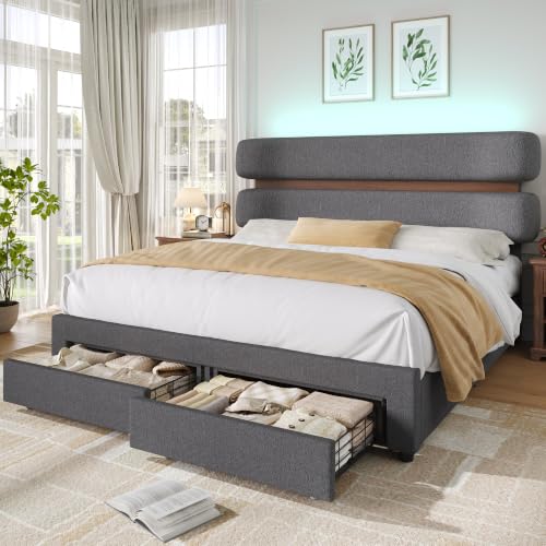 Queen Upholstered LED Bed Frame with Wood Trim Headboard & Storage, Grey, view 2