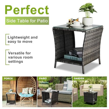 Rattan Outdoor Side Table with Glass Top & Storage Shelf | Small end coffee table, versatile outdoor furniture for patio, porch, backyard and balcony