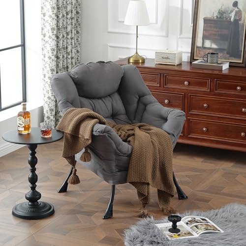 Lazy Chair for Living Room, Modern Accent Chairs with Armrests, Dark Grey Armchairs with Side Pocket, Cozy Lazy Sofa for Reading, Balcony, Bedroom, Dorm, Small Spaces