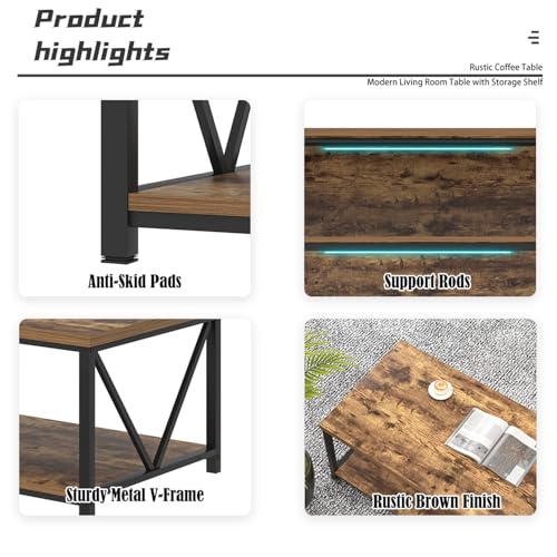 Modern Coffee Table, Rustic Wood and Metal Living Room Table with Storage Shelf, Industrial Rectangle Center Table, 47 Inch Brown