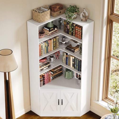 Corner Bookshelf, 72.7" Tall Corner Bookcase with Door, White, view 7