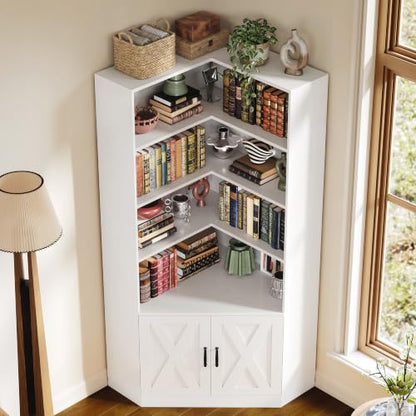 Corner Bookshelf, 72.7" Tall Corner Bookcase with Door, White, view 7