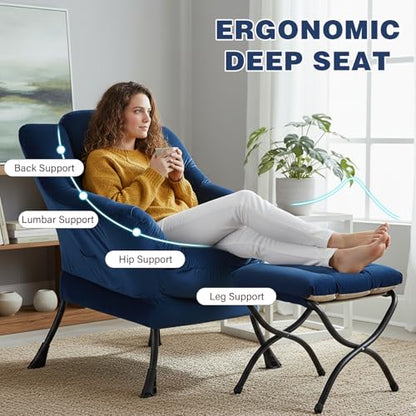 Lazy Chair with Ottoman, Modern Accent Chair Sofa Chair with Armrests, Reading Chair and Folding Footstool for Living Room, Bedroom, Office, Royal Blue