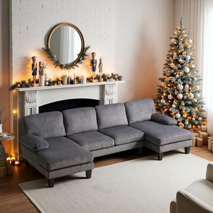 110" Sectional Couches for Living Room,U Shaped Couch with Double Chaise, 4-Seat Sofa Set with Corduroy Fabric for Home Furniture,Grey