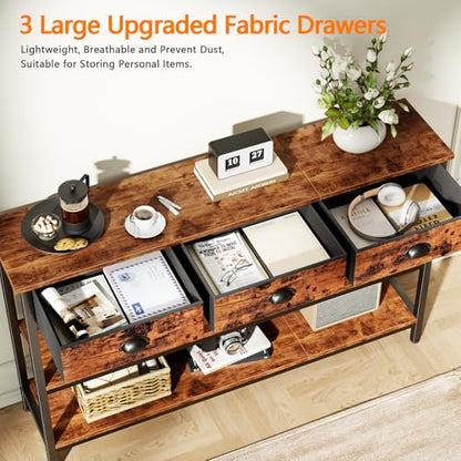 47" Console Table with 3 Drawers, 3-Tier Sofa Table for Behind Couch with Open Wooden Shelves, Industrial Display Shelf for Hallway,Entry Way, Living Room, Kitchen, Foyer, Rustic Brown