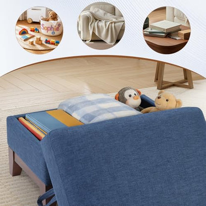 Modern 3 Piece Sofa Set with Rivets, Included Fabric Accent Chair, Upholstered 3-Seater Couches with Solid Wood Legs and Storage Ottoman, Living Room Furniture Set,Blue