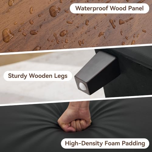 45" Faux Leather Storage Ottoman Bench with Wooden Tray, Black Large Upholstered Foot Stool, Multifunctional Coffee Table Storage Bench with Solid Wood Legs for Living Room Bedroom Entryway