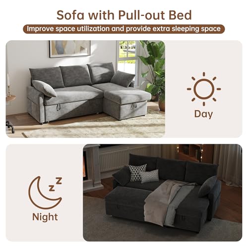 Sofa Bed, 80'' L Shape Chenille Sleeper Sofa Couch with Pull Out Bed and Storage Chaise for Living Room, Apartment and Hotel, Dark Gray