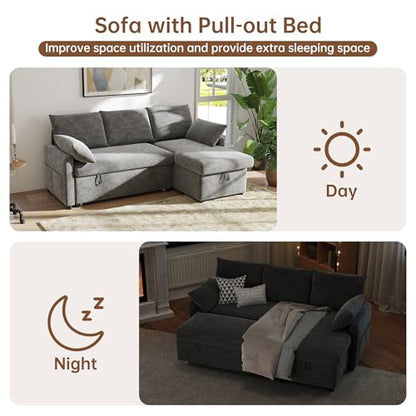 Sofa Bed, 80'' L Shape Chenille Sleeper Sofa Couch with Pull Out Bed and Storage Chaise for Living Room, Apartment and Hotel, Dark Gray