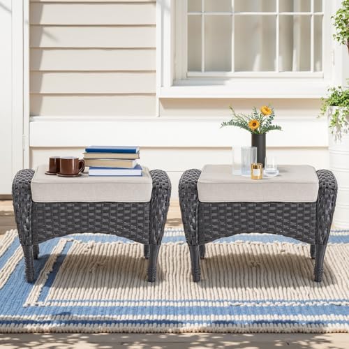 Outdoor Ottomans for Patio Foot Rest - 25 Inch PE Wicker Foot Stool Set of 2 with Removable Cushions for Patio Furniture Sets,All Weather Rattan Ottoman for Balcony Backyard Black/Beige