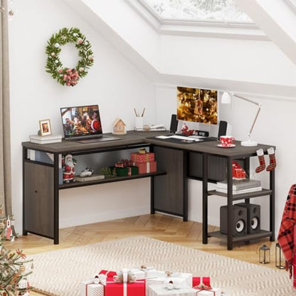 L Shaped Desk, Industrial Reversible Home Office Computer Desk with Wood Shelves, view 3