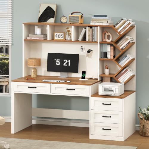 55" Computer Desk with Bookshelf, Drawers ＆ Hutch for Bedroom, Home Office, view 4