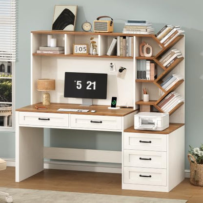 55" Computer Desk with Bookshelf, Drawers ＆ Hutch for Bedroom, Home Office, view 4