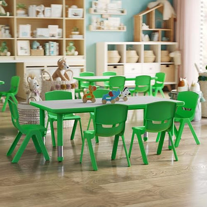 Emmy Adjustable Classroom Activity Table with 6 Stackable Chairs, Plastic Activity Table for Kids, 23.625" W x 47.25" L, Green/Gray