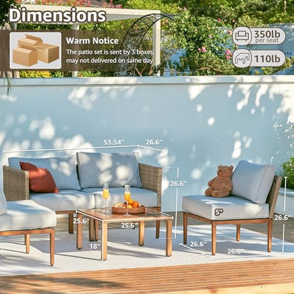 5 Piece Wicker Patio Sectional Furniture Sets Outdoor Sofa Rattan Couch, All Weather Outdoor Conversation Set with Metal Table,5" Cushions for Deck,Poolside,Backyard,Balcony