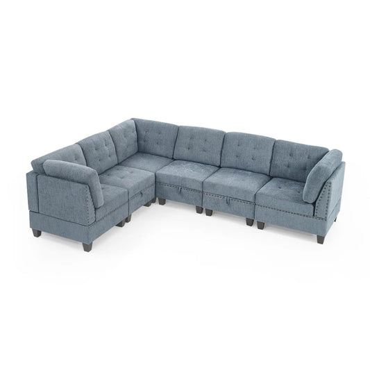 L Shape Modular Sectional Sofa，Includes Three Single Chair and Corner ，Navy Chenille