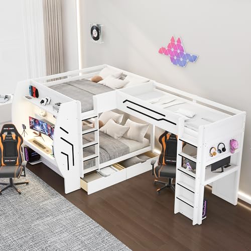 JIVOIT L-Shaped 3 in 1 Bunk Bed, Full & Twin Size Gaming Bunk Bed with Built-in Desks and Pegboard Organizer, Ladders, Storage Drawers and Open Shelve, Multi-User Bunk Bed for Kids Teens (White/62)