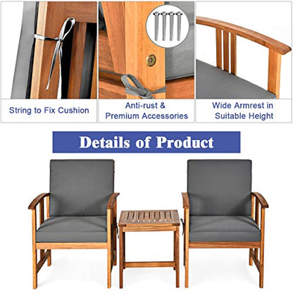3 Pieces Patio Furniture Set, Includes Set of 2 Outdoor Acacia Wood Cushioned Chairs and Coffee Table, for Garden, Backyard, Poolside, Bistro and Deck, Patio Conversation Chat Set (Gray)