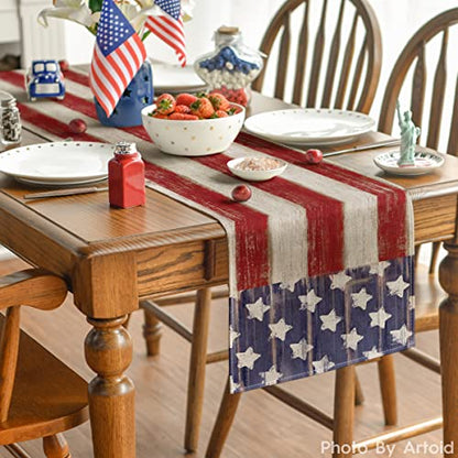 American Flag Stars and Stripes 4th of July Table Runner,Memorial Day Kitchen Dining Table Decoration for Home Party Decor 13x72 Inch