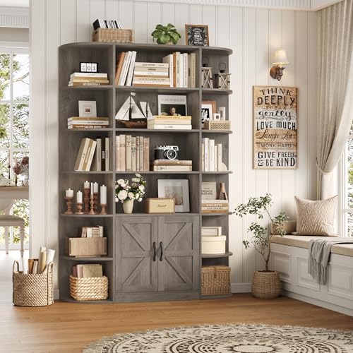 75" Tall 6-Tier Bookcase and Bookshelf with Storage, Ash Grey | Freestanding Wood Display Shelves, 47" Wide Book Shelf, Bookcase with Door, Book Storage Cabinet for Home Office, Living Room