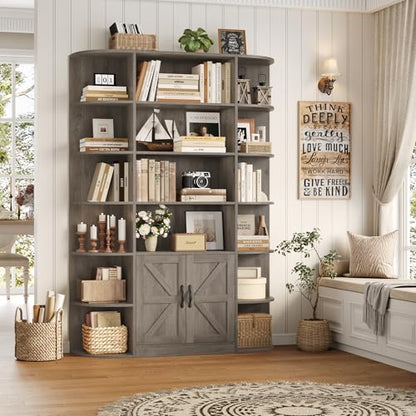 75" Tall 6-Tier Bookcase and Bookshelf with Storage, Ash Grey | Freestanding Wood Display Shelves, 47" Wide Book Shelf, Bookcase with Door, Book Storage Cabinet for Home Office, Living Room
