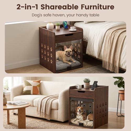 Wooden Dog Crate Furniture with Charging Station, Small Dog Crate End Table, view 3