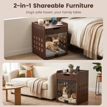 Wooden Dog Crate Furniture with Charging Station, Small Dog Crate End Table, view 3
