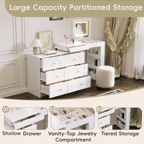 LUMISOL 59.9'' Large Vanity Desk with Flip-Top Tabletop and 7 Drawers, Makeup Vanity Table with Compartments, 3 Shelves, White
