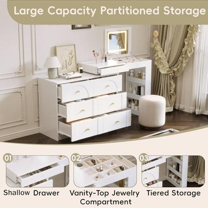 LUMISOL 59.9'' Large Vanity Desk with Flip-Top Tabletop and 7 Drawers, Makeup Vanity Table with Compartments, 3 Shelves, White