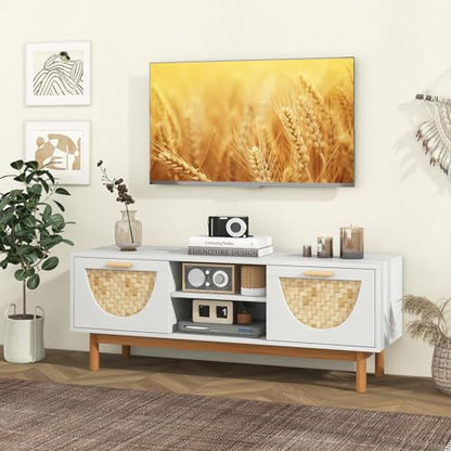 White TV Stand for 55 Inch TVs, Mid Century Modern Entertainment Center with 2 Drawers & Bamboo Woven Fronts, Solid Wood Legs, Boho TV Console Table for Living Room (White, 47.5”, for 55"TV)