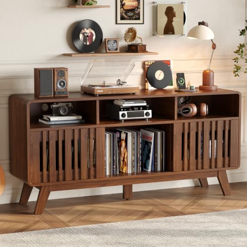 59"Large Vinyl Record Cabinet with Built-in Charging Station, Walnut, view 2