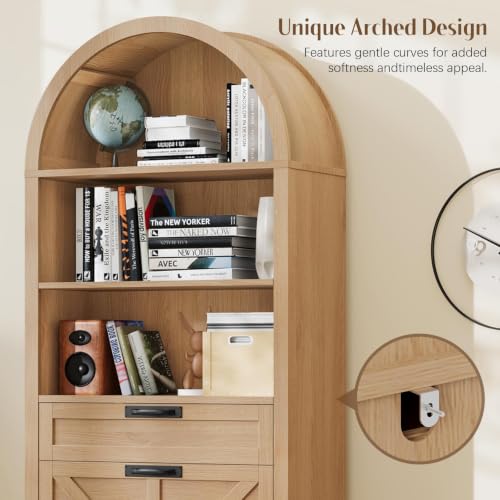 Natural Wood Arched Bookcase with File Drawers, 3-Tier Shelves, view 6
