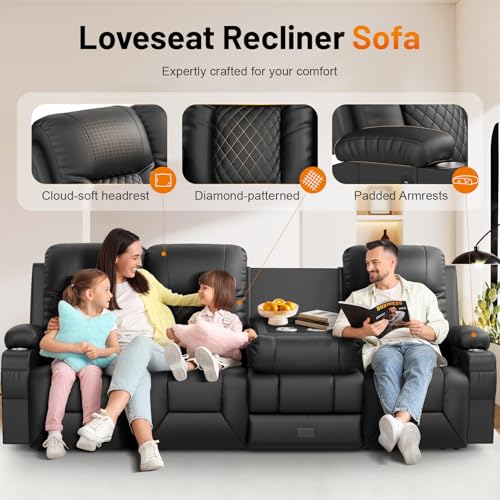 Recliner Sofa, Modern Dual Reclining Sofa with Flip Back Console, 4 Seater PU Leather Recliner Couch for Living Room/RV, with Storage Drawer, USB Ports, Cup Holder, Cell Phone Holder, Black