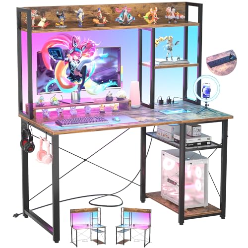 39'' Gaming Desk with Hutch and Reversible Storage Shelves, Rustic, view 2
