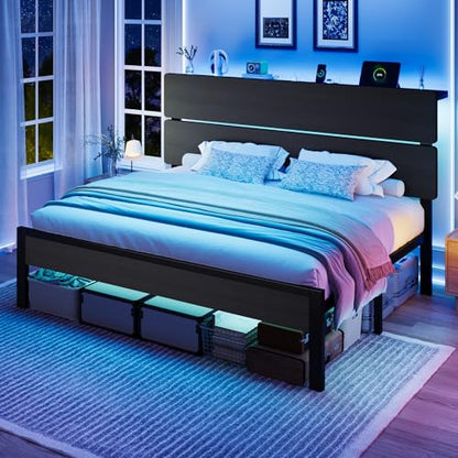 King Size Bed Frame, Led Light, Charging Station, Storage Shelf, view 2