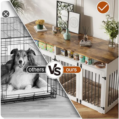 63'' Dog Crate Furniture for 2 Dogs, Wooden Dog Cage with Storage Compartment, view 5