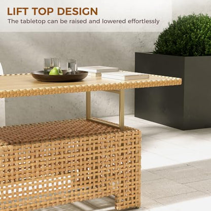 8-Piece Wicker Patio Furniture Set with Lift Top Coffee Storage Table, Outdoor Conversation Set Sectional Sofa with Water Resistant Thick Cushions, Cream