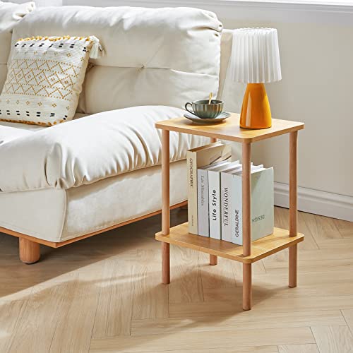 2-Tier Side Table, Solid Wood Tall End Table with Storage Shelves, Nightstand Bedside Table for Living Room Bedroom Office, No-Tool Assembly, Natural UWST002N