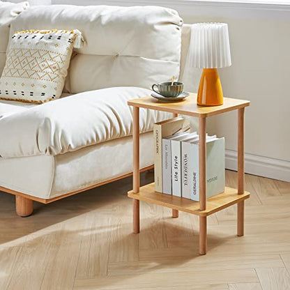 2-Tier Side Table, Solid Wood Tall End Table with Storage Shelves, Nightstand Bedside Table for Living Room Bedroom Office, No-Tool Assembly, Natural UWST002N
