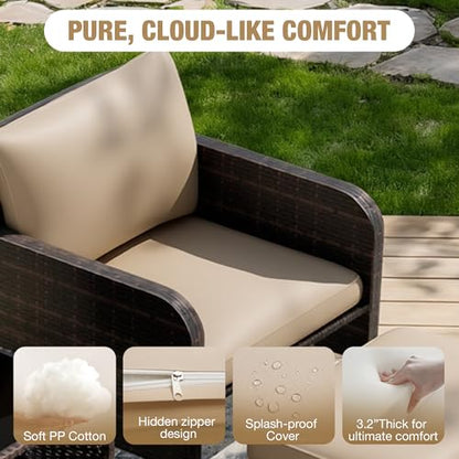 Patio Conversation Set 5 Piece, Balcony Furniture Outdoor PE Rattan Wicker Lounge Chairs with Soft Cushions, 2 Ottomans & Glass Table for Porch Lawn, Brown (Khaki Cushions
