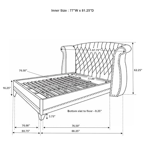 Coaster Home Furnishings - Barzini - Wood - Upholstered Platform Bed with Wingback Headboard, Button Tufting, Crystal-Like Accents, and Tapered Legs - Bedroom - Eastern King Size - White - 300843KE