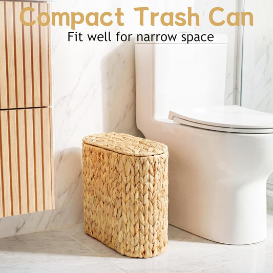 3 Gallon Wicker Trash Can, Bathroom Trash Can with Lid, Narrow Natural Water Hyacinth Waste Basket with Removable Liner, Boho Garbage Can for Bedroom, Office, Small Spaces Living Room, Toilet