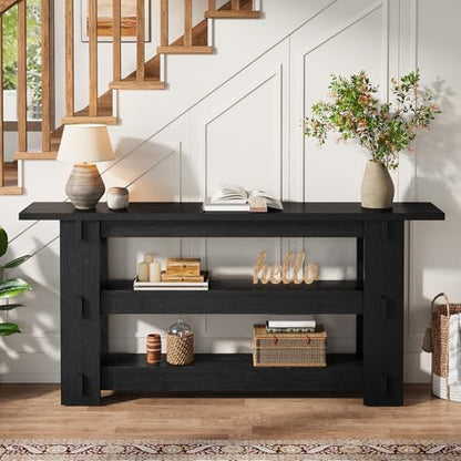 63-Inch Solid Wood Console Table, Farmhouse Sofa Table Behind Couch with Storage Shelves, Entryway Furniture for Living Room, Hallway, Foyer, Black