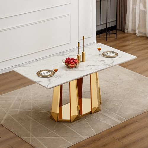 Marble Dining Table for 6 People, 70'' Rectangle Faux Marble Dining Table with Mirrored Stainless Steel Base, Large Size Marble Kitchen Table (Gold,White)(only Table)